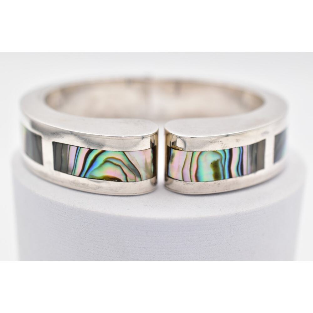 Vintage Mexico 950 Silver Bracelet Abalone Shell Inlay 54.65 Grams Signed Bin2